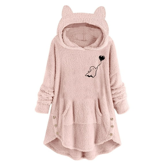 WMTBSRSW Women Fuzzy Fleece Hoodie Sweatshirt Cute Graphic Plush Blanket Hoodies Fashion Ruffle Side Button Long Sleeve Pullover with Hoody Pink Small