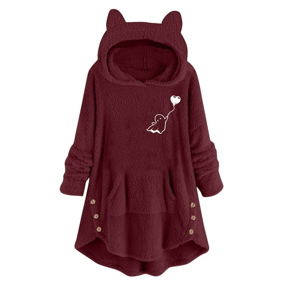 WMTBSRSW Women Fuzzy Fleece Hoodie Sweatshirt Cute Graphic Plush Blanket Hoodies Fashion Ruffle Side Button Long Sleeve Pullover with Hoody Wine XX-Large