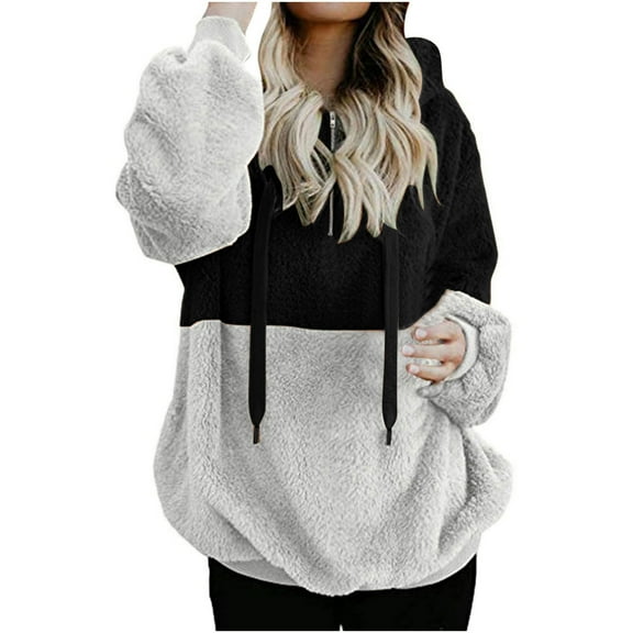 WMTBSRSW Women Fuzzy Fleece Sweatshirt Warm Winter Half Zip Sweatshirts Fashion Loose Color Block Plush Pullover Tops Thermal Outwear Black Medium