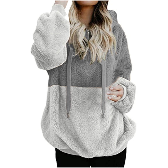 WMTBSRSW Women Fuzzy Fleece Sweatshirt Warm Winter Half Zip Sweatshirts Fashion Loose Color Block Plush Pullover Tops Thermal Outwear Gray 3X-Large