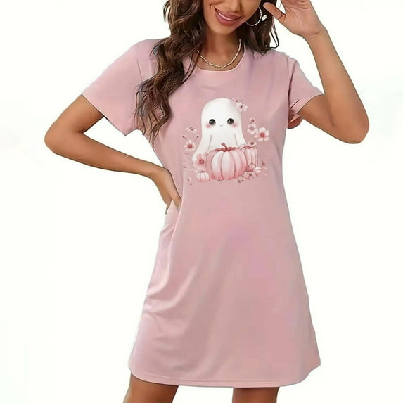 WMTBSRSW Women Halloween Short Sleeve SleepCute Graphic Night Shirts Comfy Nightgowns Pajamas Holiday House Dress Fall Sleepwear Pink L
