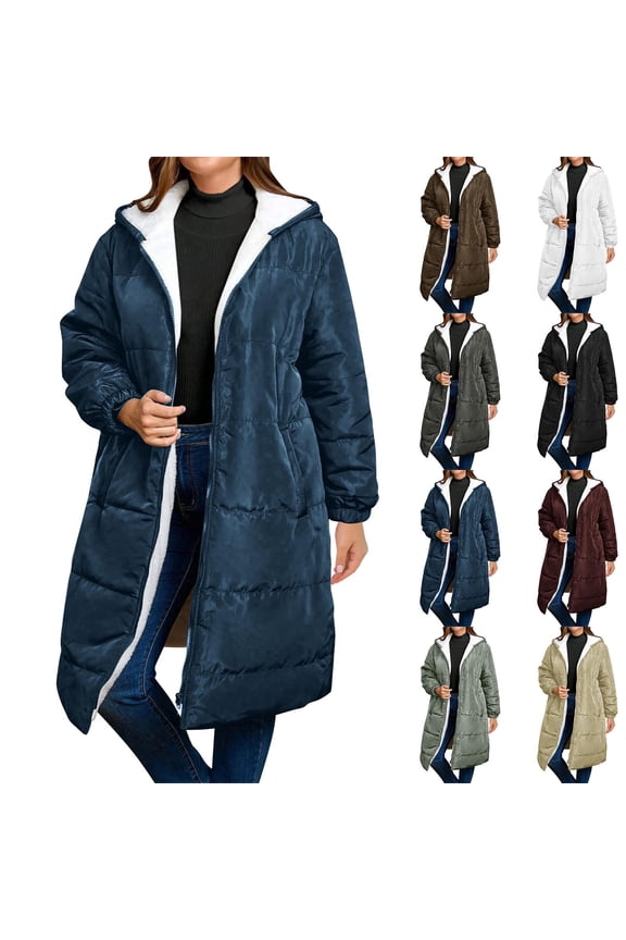 Women Long Winter Warm Coat Heavy Weight Hooded Quilted Jackets Oversized Full Zip up Long Sleeve Puffer Jackets Fashion Outwear in Clod Weather Dark Gray X-Large