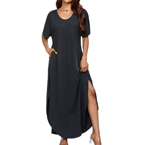 WMTBSRSW Women Oversized Summer Dress Short Sleeve Beach Dress with Pockets Loose Casual Crewneck Neck Split Long T-Shirt Dress Travel Vacation