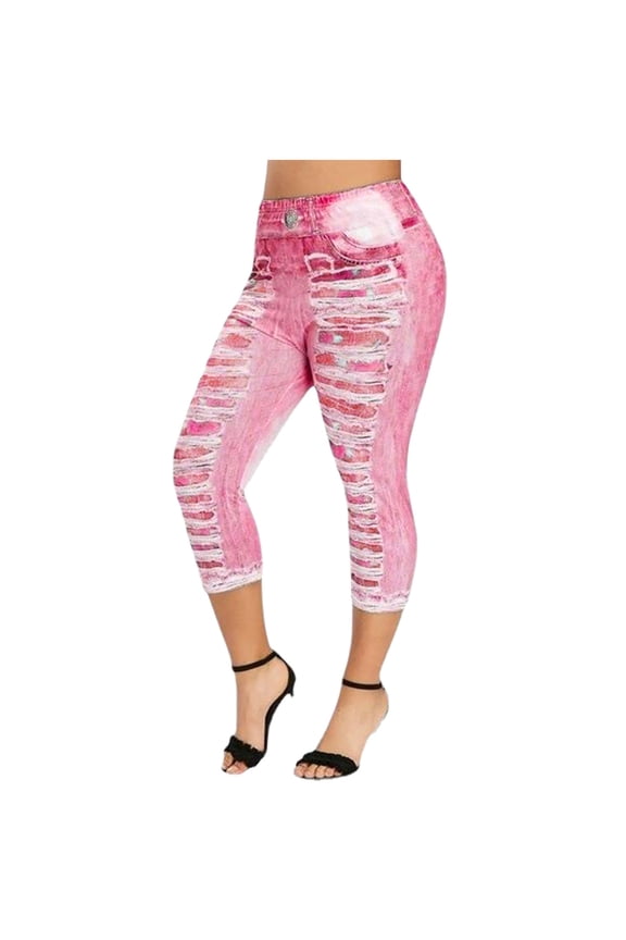 Women Plus Size(S-5XL) Jeans Jeggings Stretch High Waisted Printed Distressed Denim Capris Ripped Skinny Cropped Pants
