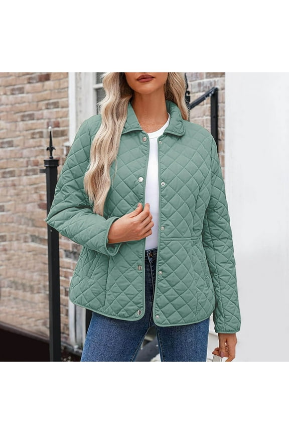 Quilted Jackets for Women Lightweight Long Sleeve Button Down Puffer Jacket Loose Casual Solid Winter Lapel Cardigan Coats Warm Outwear No Hood Mint Green XX-Large