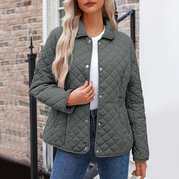 WMTBSRSW Quilted Jackets for Women Lightweight Long Sleeve Button Down Puffer Jacket Loose Casual Solid Winter Lapel Cardigan Coats Warm Outwear No Hood Gray XX-Large