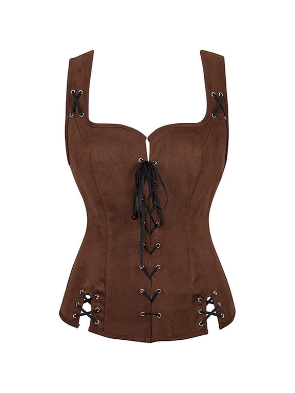 Women Renaissance Corset Tops Lace up Overbust Bustier Vintage Western Cowgirl Vest Medieval Bodice Coffee XXXL