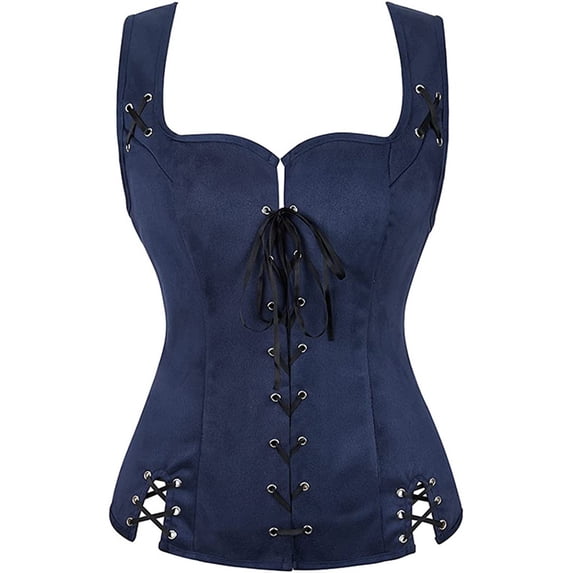 WMTBSRSW Women Renaissance Corset Tops Lace up Overbust Bustier Vintage Western Cowgirl Vest Medieval Bodice Navy XXL