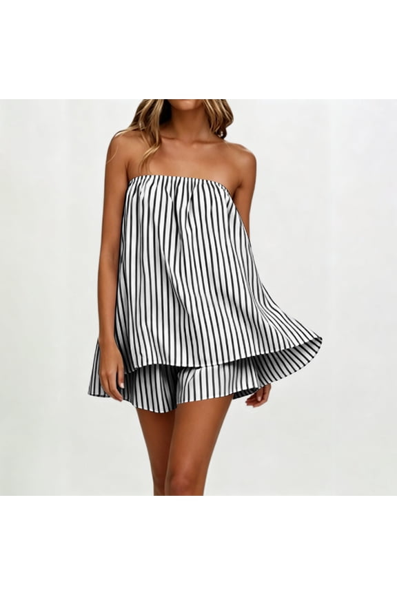 Women Striped 2 Piece Pajamas Set Flowy Peplum Babydoll Tube Top & Shorts Sets Summer Off Shoulder Lounge Outfits S Black