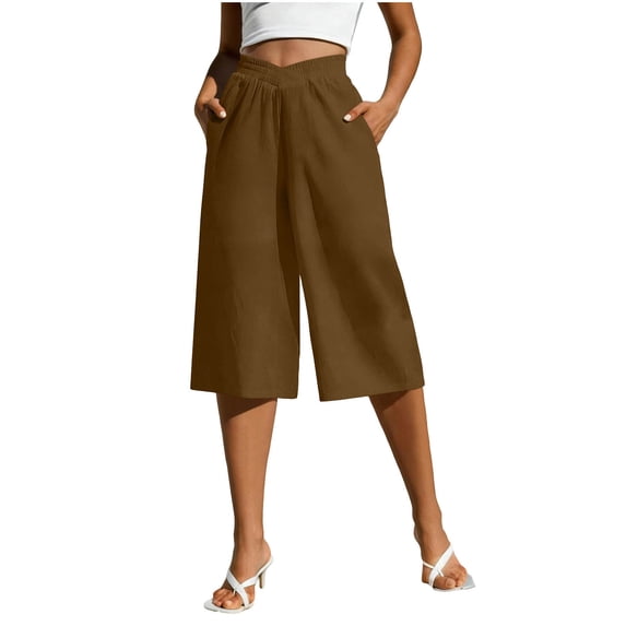 WMTBSRSW Women V Waisted Capris Pants Lightweight Flowy Wide Leg Cropped Trousers Loose Casual High Waist Linen Capri Pants with Pockets Brown Medium