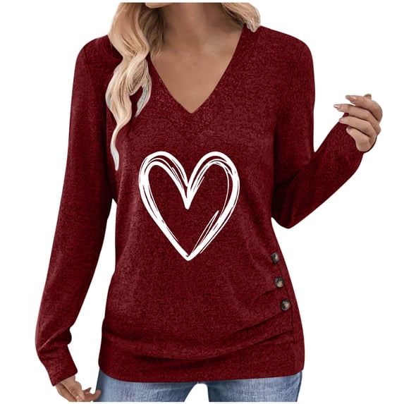 WMTBSRSW Women Valentine's Day Tops Cute Love Heart V Neck Long Sleeve Tunic Shirts Loose Soft Casual T-Shirts Spring Fall Clothing