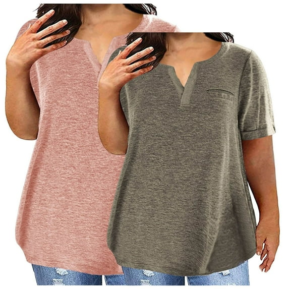 WMTBSRSW Women's 2 Pack Plus Size Summer Tops Short Sleeve Loose Casual Shirts Solid V Neck Dressy Blouse Tops 2 Color L-5XL