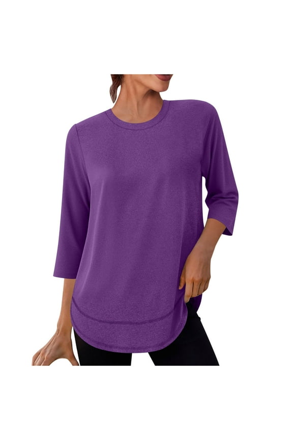 Women's 3/4 Sleeve Workout Shirts Solid Active Athletic Crewneck Blouse Tops Loose Casual Dressy Flowy Tunic Tops