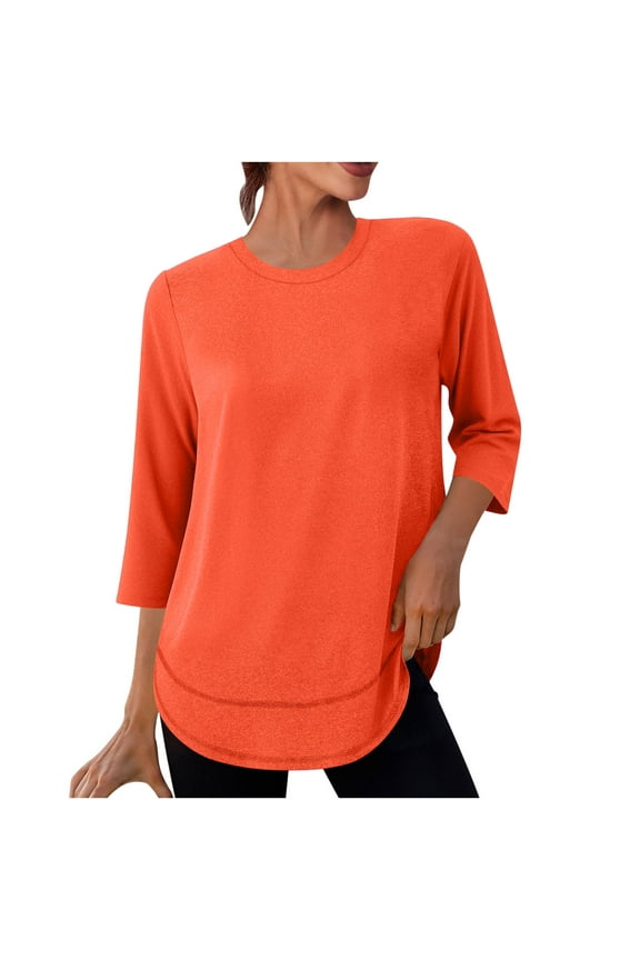 Women's 3/4 Sleeve Workout Shirts Solid Active Athletic Crewneck Blouse Tops Loose Casual Dressy Flowy Tunic Tops
