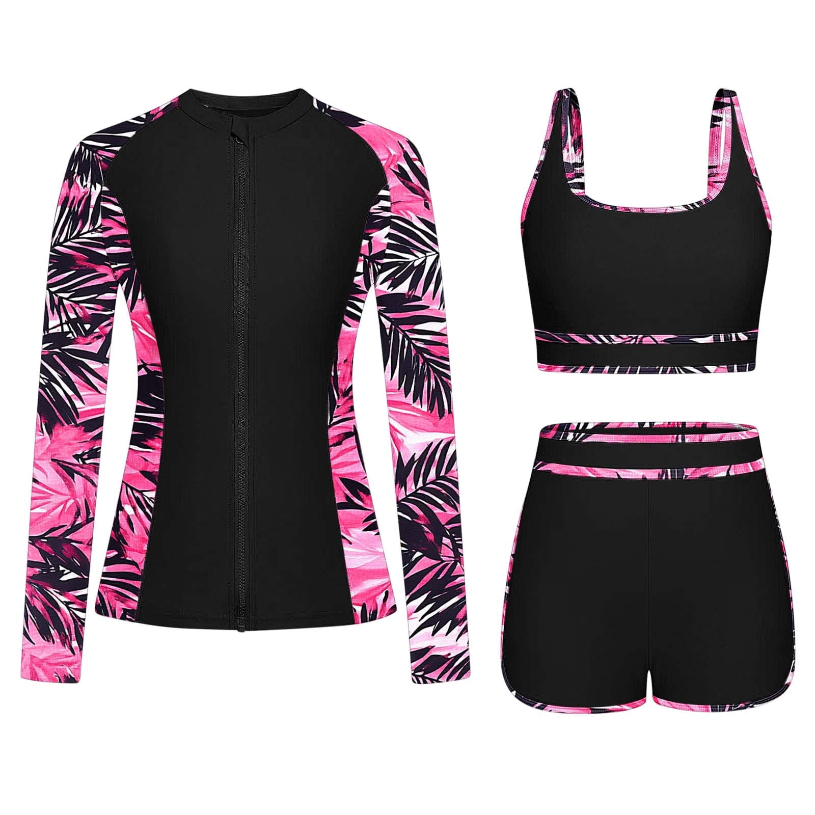 WMTBSRSW Women's 3 Piece Rash Guard UV Sun Protection Long Sleeve Swimsuits Built-in Bra Zip Up Swim Shirts with Boyshorts Modest Summer Beach Vacation Outfits