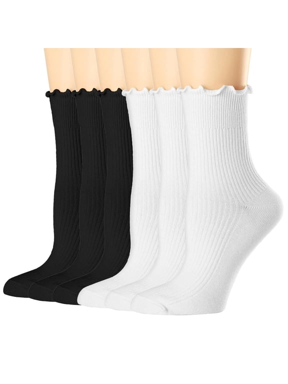 Women's 6-Pairs Ruffle Cotton Socks Soft Breathable Cotton Bootie Socks Women Wicking Above Ankle Crew Socks Casual Socks Free Size