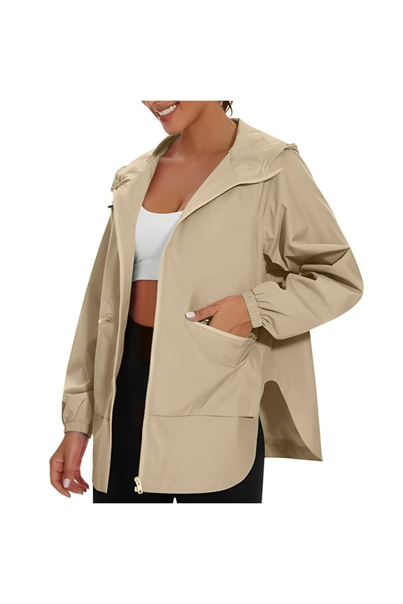 Women's Bike to Work Rain Jacket Oversized Side Split Full zip Workout Raincoat Lighiwerght Casual Winderbreaker Hood Jackets with Pockets Beige XXL