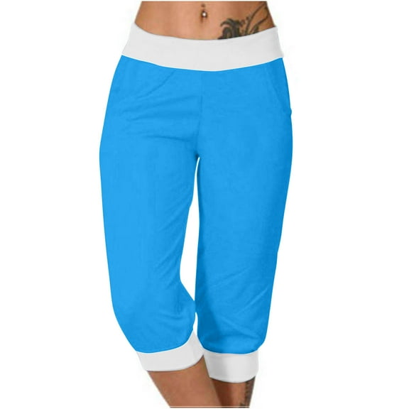 WMTBSRSW Women's Capri Pants with Pockets Block Color High Waisted Yoga Pants Lightweight Summer Capris Lounge Trousers