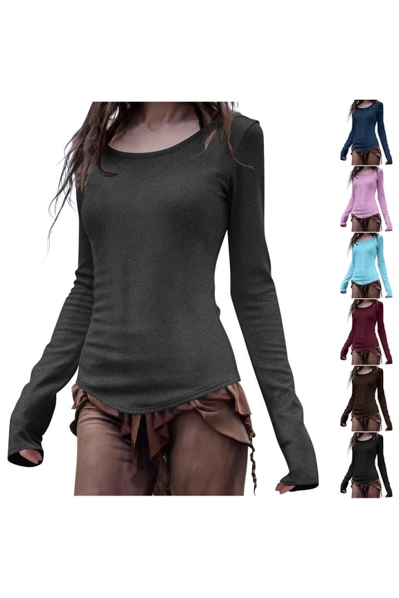 Women's Casual Basic Shirts Fall Solid Long Sleeve Undershirts Crewneck Tee Stretchy Workout Gym Tops Purple X-Large