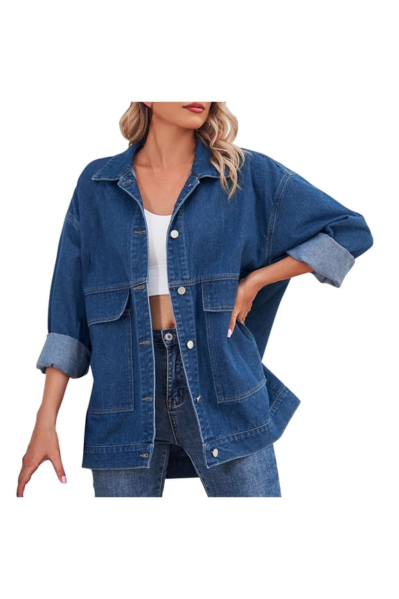Women's Casual Denim Jacket Lightweight Vintage Button Down Long Jean Jacket Boyfriend Distresse Jacket Coats Dark Blue L