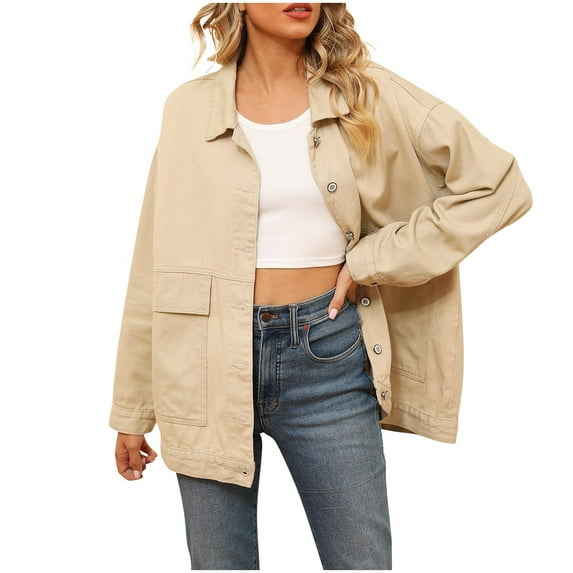 WMTBSRSW Women's Casual Denim Jacket Lightweight Vintage Button Down Long Jean Jacket Boyfriend Distresse Jacket Coats Khaki S