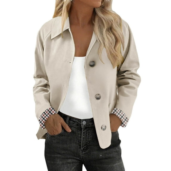WMTBSRSW Women's Casual Jacket Plaid Lined Button Down Short Trench Coat Fashion Lapel Long Sleeve Jackets Fashion Fall Outfits L