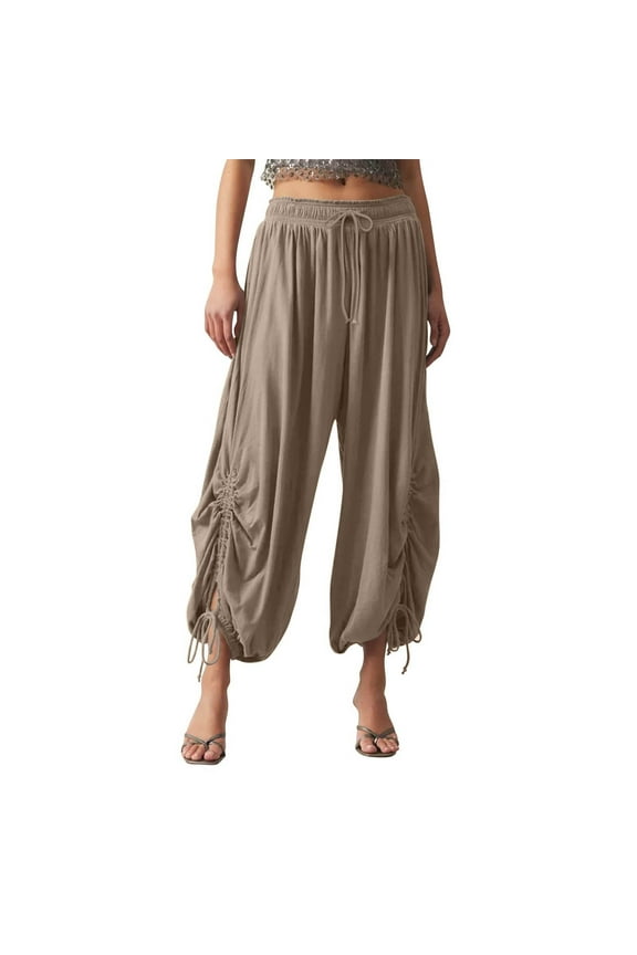 Women's Casual Loose Pants High Waist Sweatpants Drawstring Wide Leg Capri Palazzo Pants Jogger Pants Y2k Boho Pleated Trousers