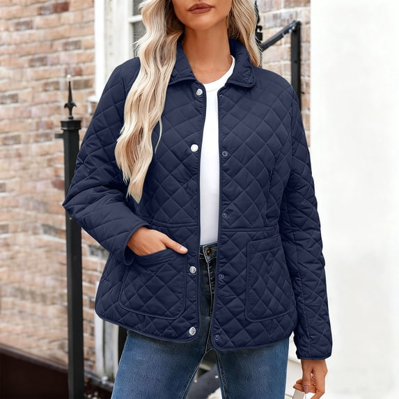 WMTBSRSW Women's Casual Quilted Coats with Pockets Lightweight Lapel Button Down Padded Jackets Fall Winter Short Outwear Navy Small