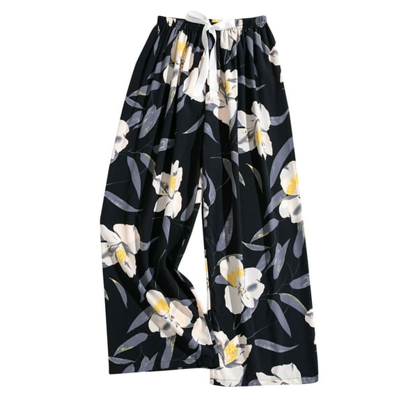 WMTBSRSW Women's Comfy Casual Pajama Pants Floral Print Drawstring Palazzo Cropped Pants Elastic Waisted Wide Leg Boho Capris Summer Beach Clothes Hawaii Style Loungewear Black Free Size