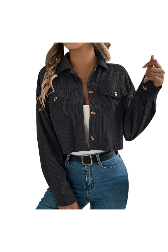 Women's Corduroy Cropped Jacket Fashion Button Down Shacket Jackets Casual Long Sleeve Outerwear with Flap Pockets Lightweight Fall Winter Coats