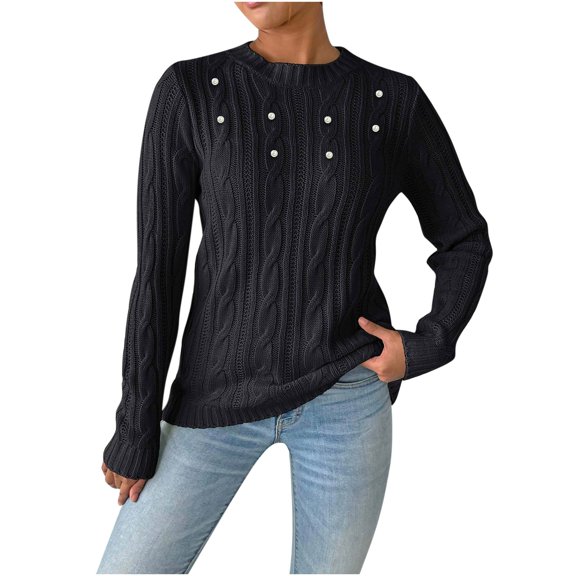 WMTBSRSW Women's Crewneck Sweater Lightweight Long Sleeve Sweater with Faux Pearl Casual Jacquard Knit Pullover Tops