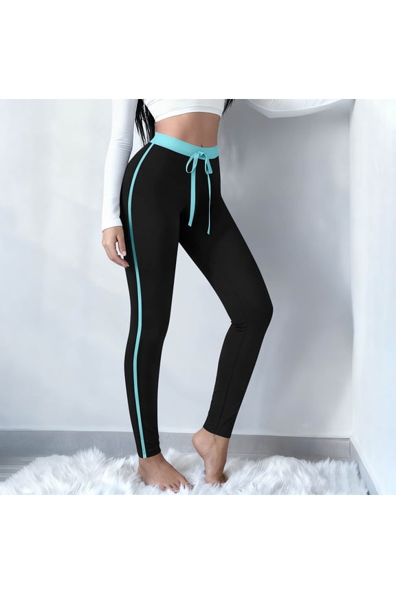 Women's Drawstring High Waisted Leggings Tummy Control Workout Gym Yoga Pants Soft Striped Stretchy Athletic Joggers Green M