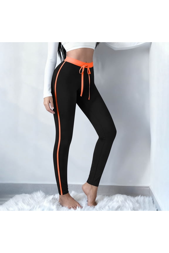 Women's Drawstring High Waisted Leggings Tummy Control Workout Gym Yoga Pants Soft Striped Stretchy Athletic Joggers Orange XXL