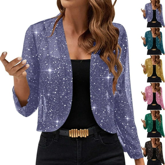 WMTBSRSW Women's Elagant 3/4 Sleeve Crop Cardigan Jackets Lightweight Sequin Bolero Shrugs for Dresses Trendy Wedding Cardigan Open Front Casual Dressy Tops Blue M