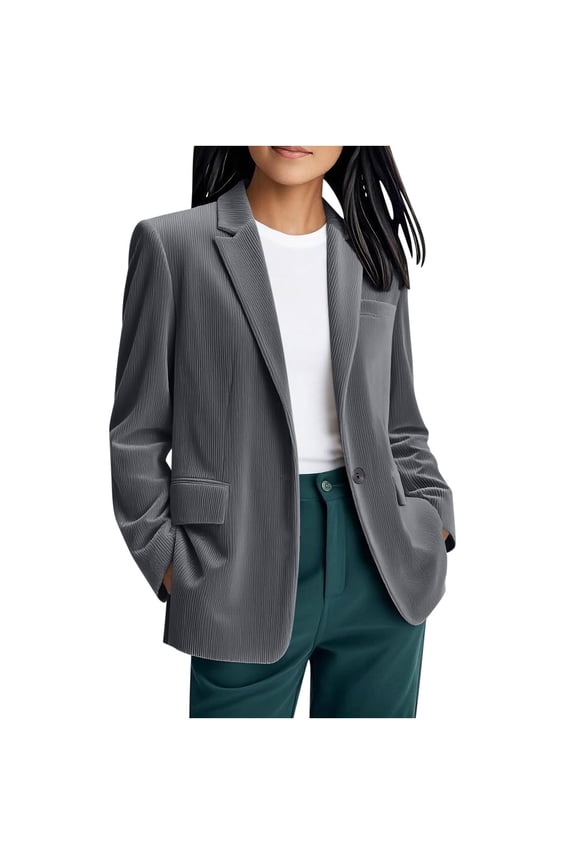 Women's Fall Corduroy Jackets Long Sleeve Blazer Solid Lapel Open Front Work Office Jackets Loose Casual Shacket Coat Dark Gray M