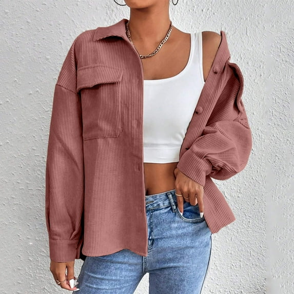 WMTBSRSW Women's Fall Corduroy Shacket Jackets Loose Lapel Long Sleeve Shirts Jackets Trendy Solid Vintage Ribbed Casual Coat