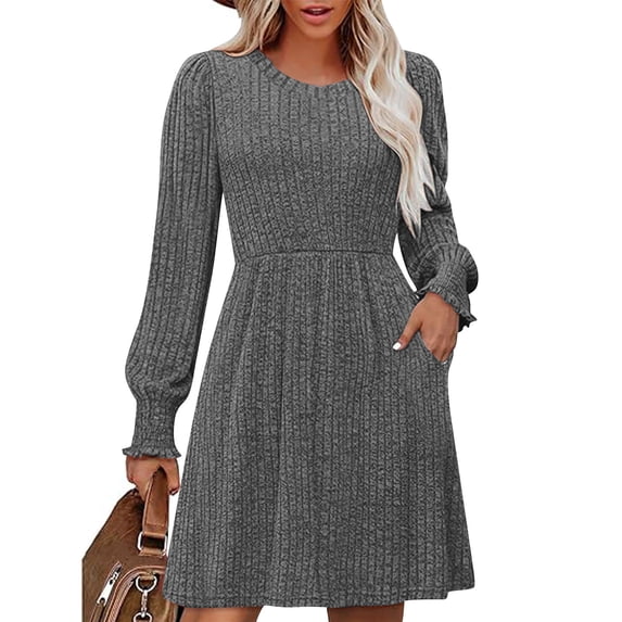WMTBSRSW Women's Fall Dress Ribbed Knit Crewneck Long Sleeve A Line Flowy Casual Elegant Going Out Winter Dresses with Pockets Dark Gray Medium