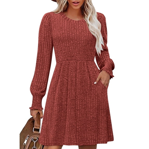 WMTBSRSW Women's Fall Dress Ribbed Knit Crewneck Long Sleeve A Line Flowy Casual Elegant Going Out Winter Dresses with Pockets Orange X-Large