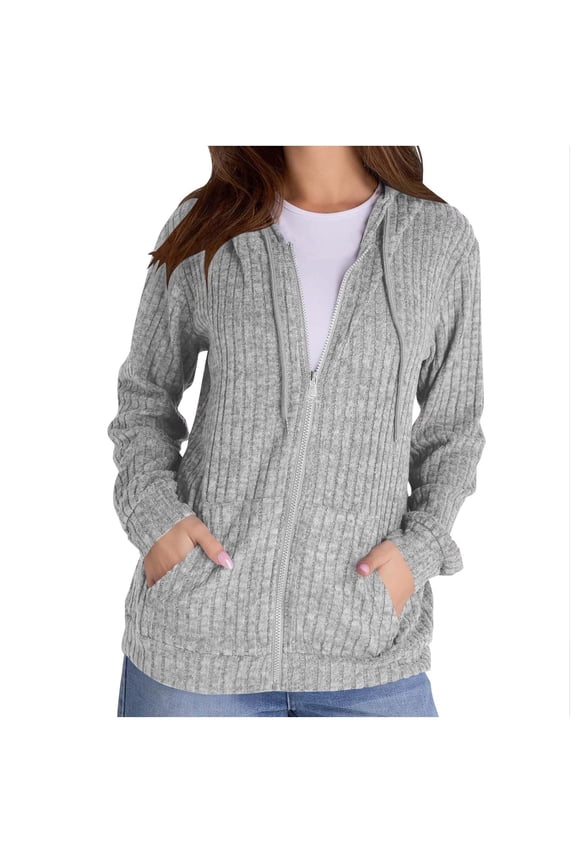 Women's Fall Zip Jackets Casual Ribbed Knit Long Sleeve Hooded Jackets Lightweight Open Front Cardigan Utility Jackets with Pockets Gray XXL