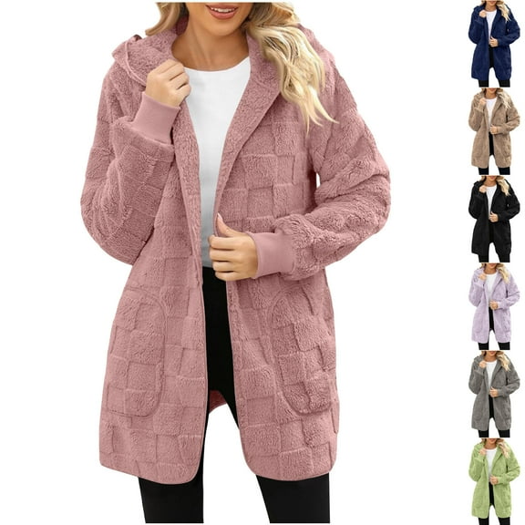 WMTBSRSW Women's Fashion Casual Fuzzy Fleece Long Jackets Trendy Full Zip Cardigan Jackets with Pockets and Hood Lightweight Plush Sherpa Long Sleeve Outwear Purple XXXXL