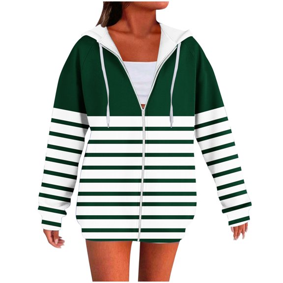 WMTBSRSW Women's Fashion Fleece Striped Hoodies Oversized Hooded Sweatshirt Fall Full Zip Up Open Front Cardigan Jackets with Hood Green