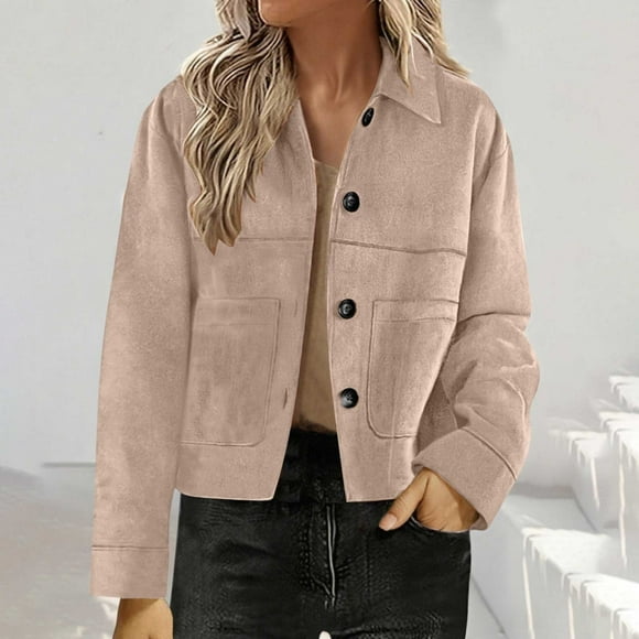 Women's Faux Suede Bomber Jacket Casual Long Sleeve Lapel Coat Fashion Fall Buton Down Short Jackets with Pockets Streetwear M