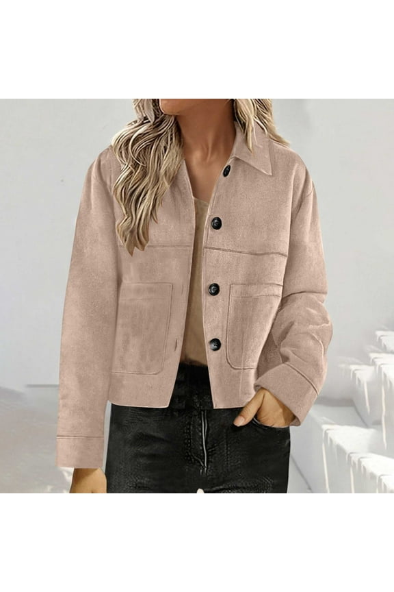 Women's Faux Suede Bomber Jacket Casual Long Sleeve Lapel Coat Fashion Fall Buton Down Short Jackets with Pockets Streetwear M