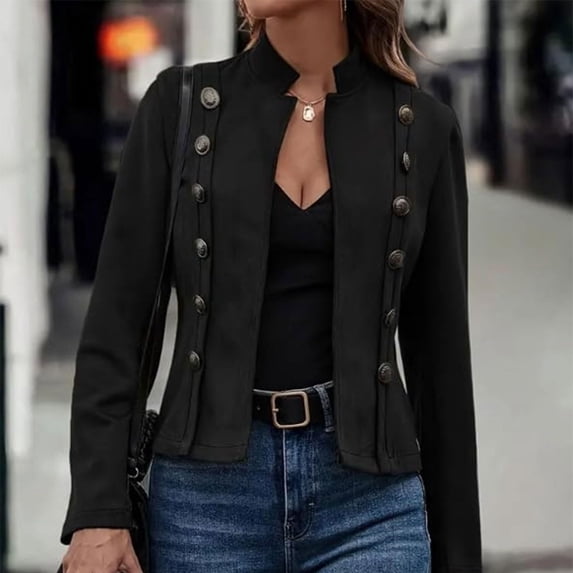 WMTBSRSW Women's Faux Suede Cropped Jacket Fashion Fitted Double Breasted Blazer Jackets Casual Long Sleeve Smock Neck Outwear Black Small
