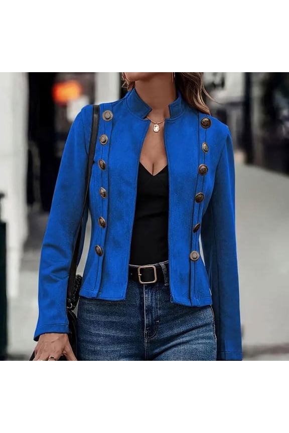 Women's Faux Suede Cropped Jacket Fashion Fitted Double Breasted Blazer Jackets Casual Long Sleeve Smock Neck Outwear Blue Small