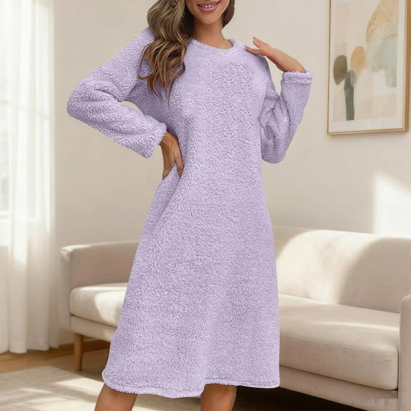 WMTBSRSW Women's Flannel Nightgown Fuzzy Fleece Long Sleeve Sleep Dress Cozy Plush Warm Winter Crewneck Pajamas Nightdress Solid Loungewear L