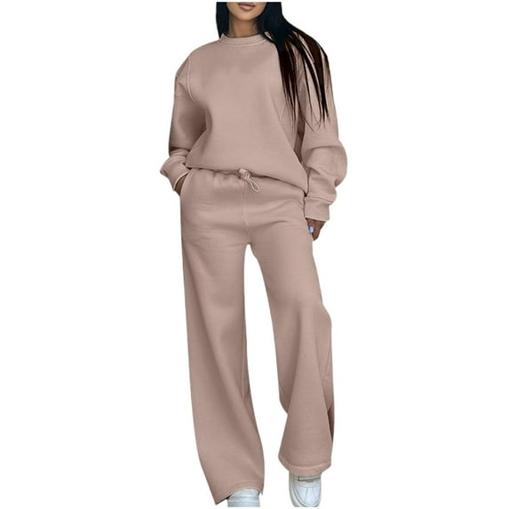 WMTBSRSW Women's Fleece Sweatsuits Fall Winter 2 Piece Outfits with Pockets Loose Casual Crewneck Sweatshirt and Wide Leg Sweatpants