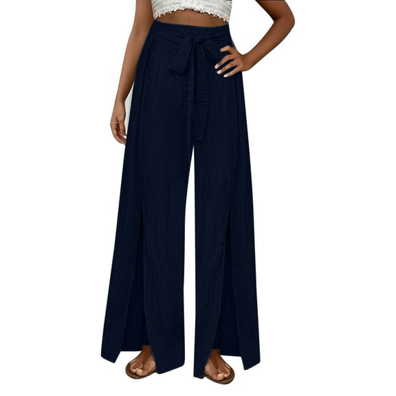 WMTBSRSW Women's Flowy Boho Palazzo Pants Tie Belt Casual Split Wide Leg Pants Lightweight Side Split Wrap Long Trousers Navy M