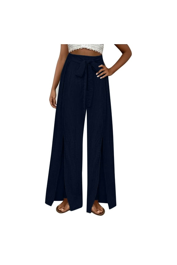Women's Flowy Boho Palazzo Pants Tie Belt Casual Split Wide Leg Pants Lightweight Side Split Wrap Long Trousers Navy S