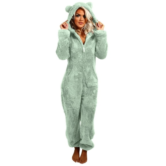 WMTBSRSW Women's Fuzzy Fleece Onesie Half Zip One Piece Pajamas with Cute Bear Ear Hood Winter Warm Long Sleeve Onesie Pajamas Jumpsuit Sleepwear